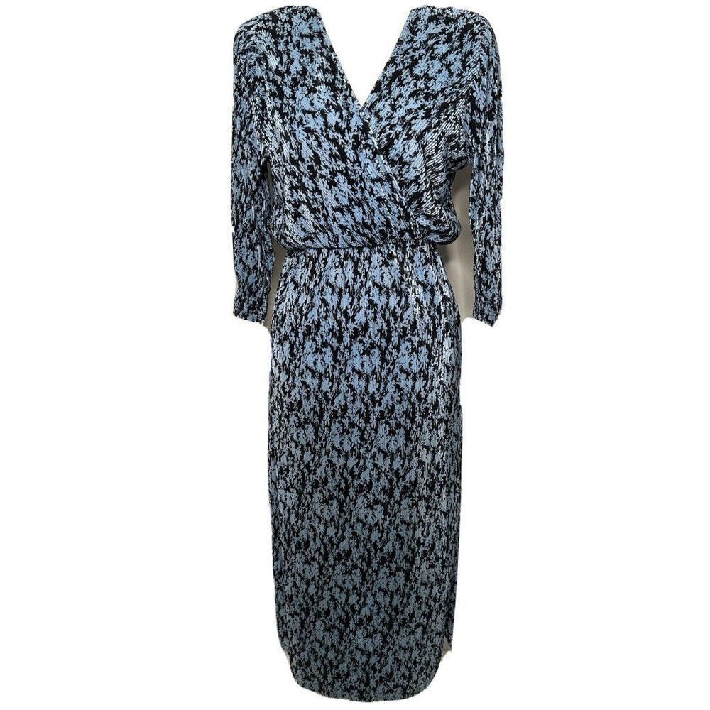 Pull & Bear Floral Pleated Wrap Style Dress S Blue Surplice Neck Elastic Waist